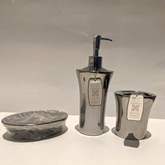 Soap dispenser Dish Brush Holder Other - 45. 3 Piece Bathroom Accessories Silver  Soap Dish Dispenser Brush Holder NWOT